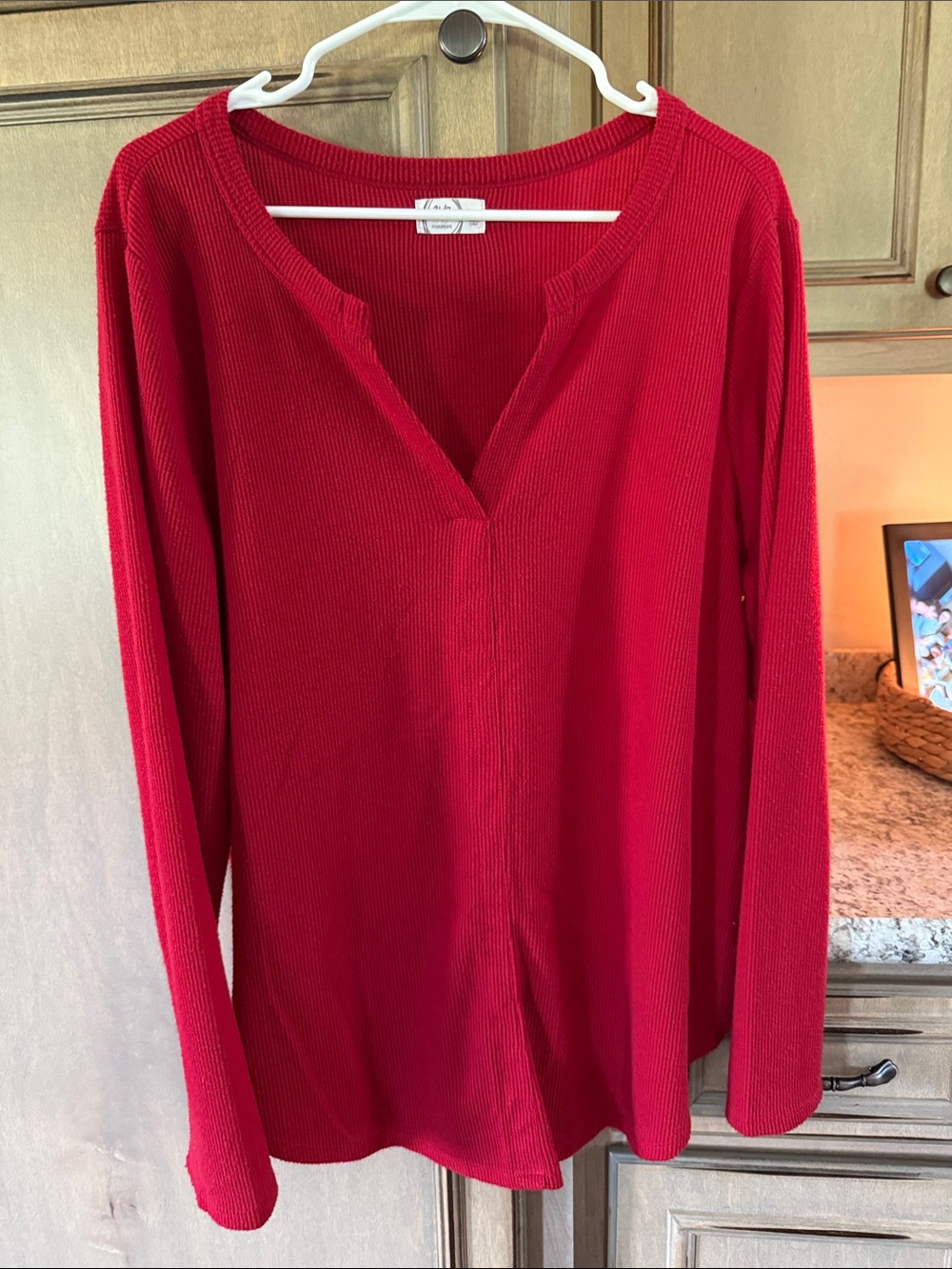 Maurices Red Ribbed V-Neck Long Sleeve Top
